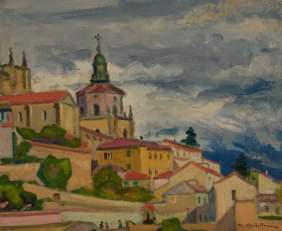 Segovia: Part of the Cathedral with Clouds — Oil painting, Canvas, 45.00×55.00cm — Theodoros Markellos